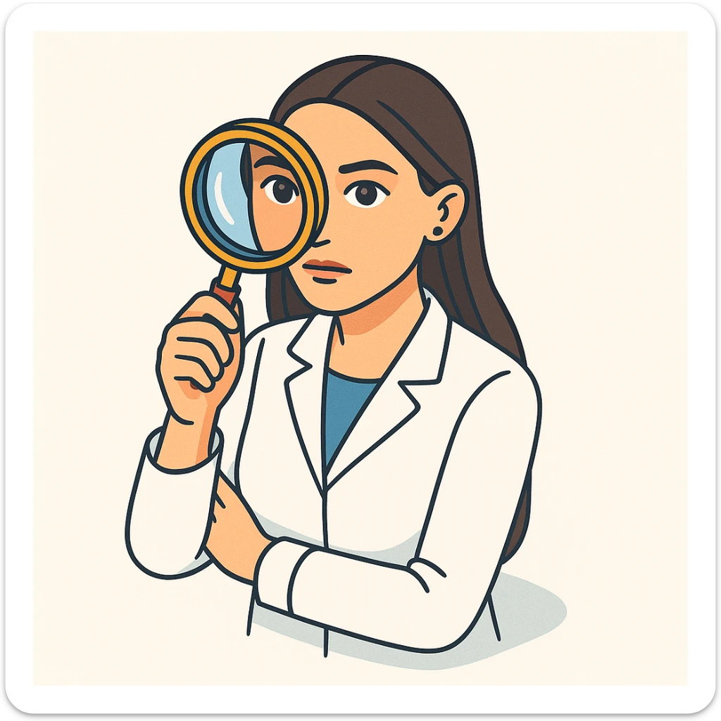 Front view of a female doctor with dark long straight hair and detailed brown eyes (not just dots), wearing a white coat, in 2D isometric style with a minimalist background. She is looking straight into the camera through a magnifying glass with a thoughtful facial expression. Appearance matches the reference. sticker