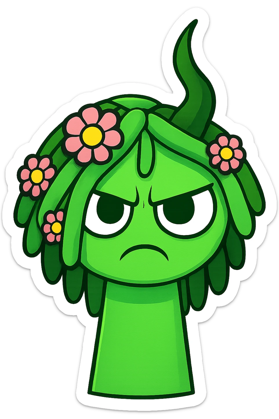 Add an angry, frowning expression to the green character with flower hair, maintaining the chibi stickers style with a transparent background. sticker