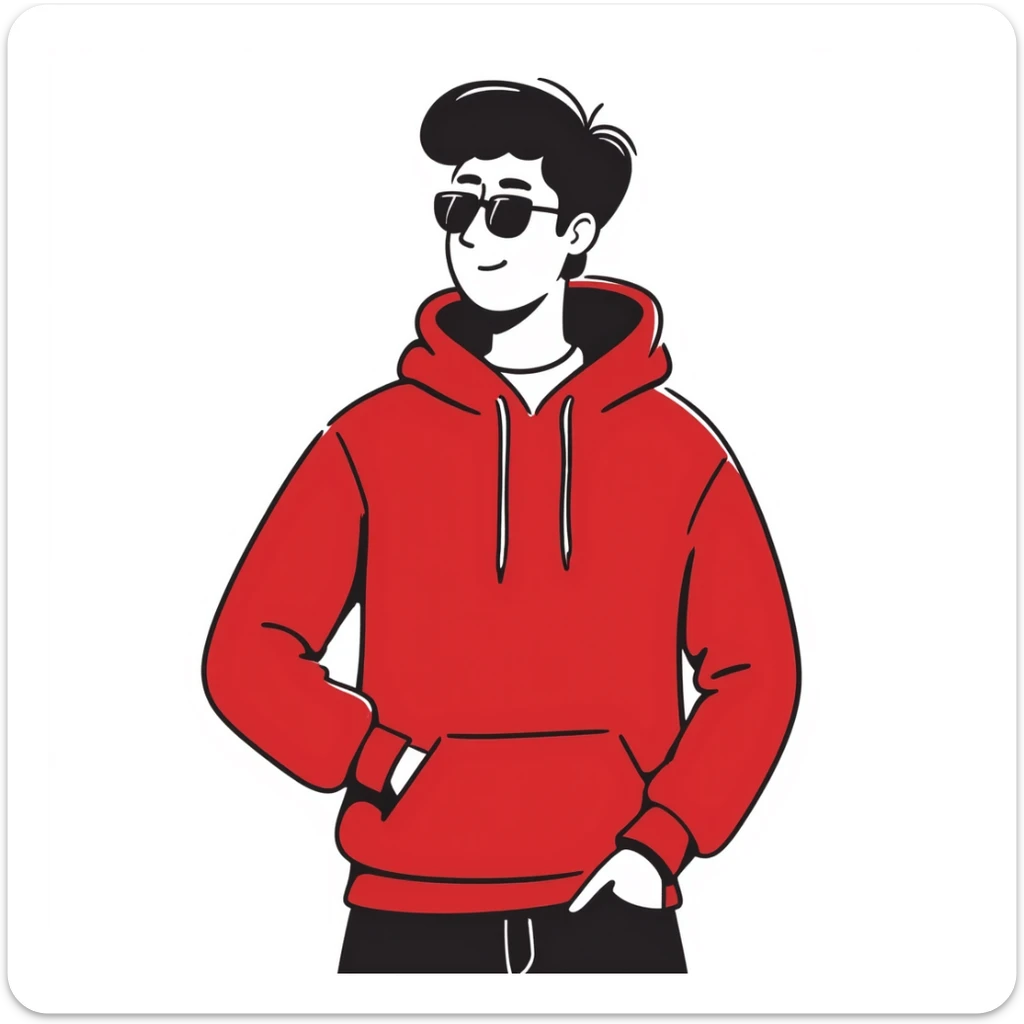 A guy in a red sweatshirt with sunglasses, with stylish black hair, stands in a cool pose sticker