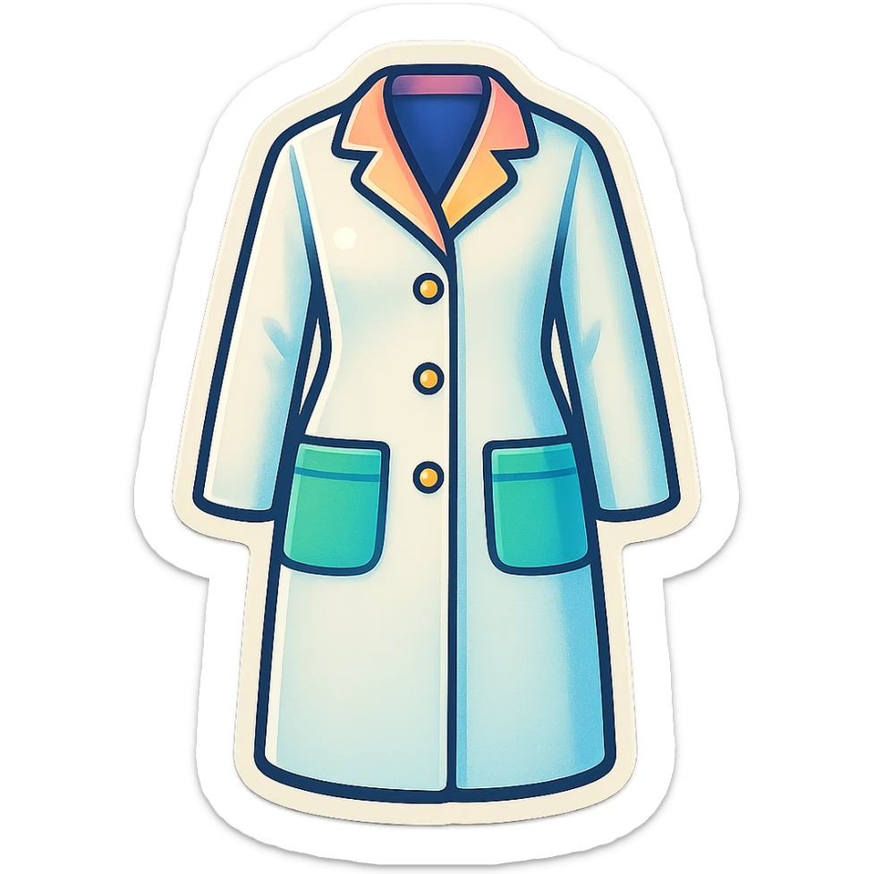 female medical coat full length, no girl, front view, retro stickers style, soft rounded shapes, clean contours, pastel palette, detailed shadows and highlights, modern illustration, transparent background sticker