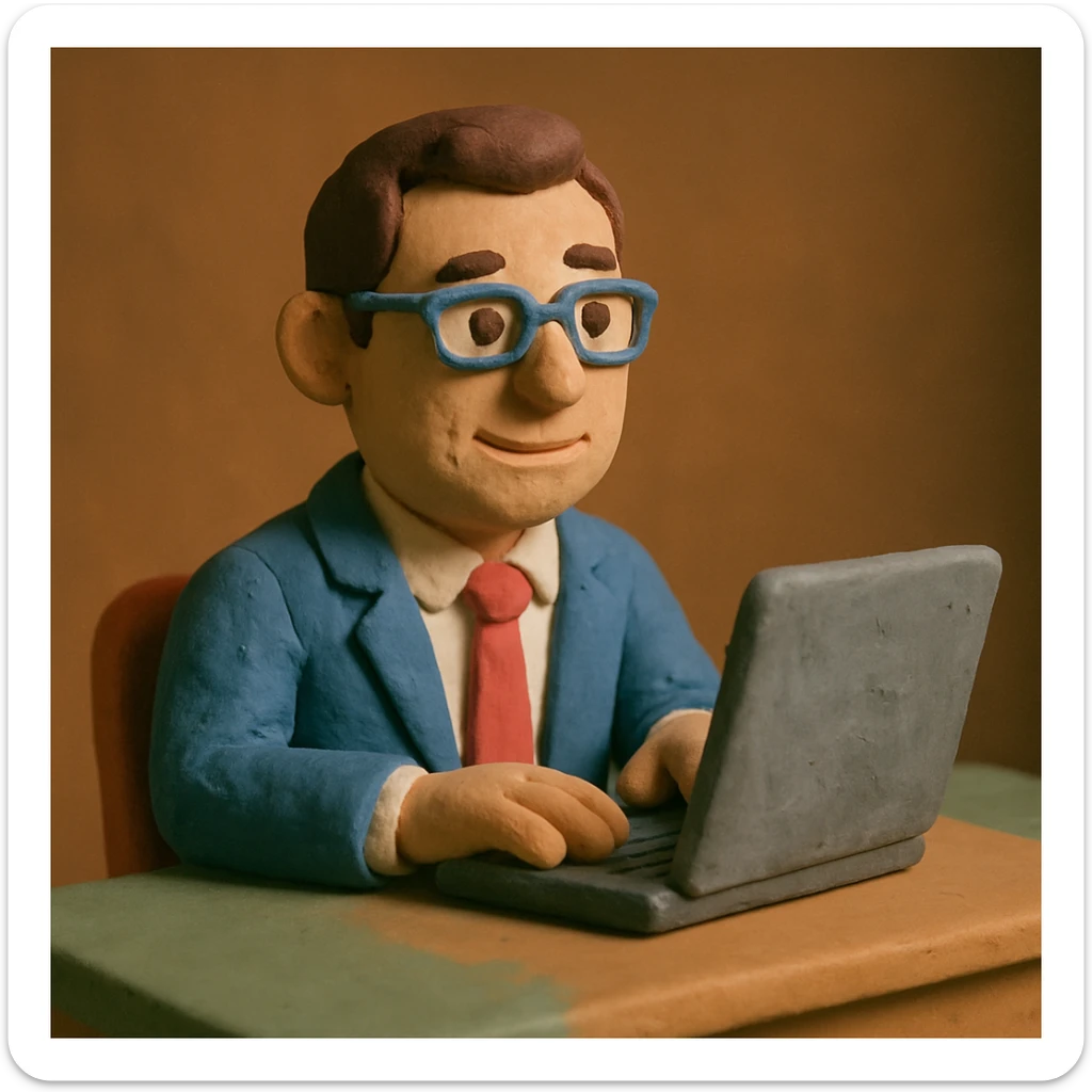 A 35-year-old male business coach sitting at a desk with a laptop sticker