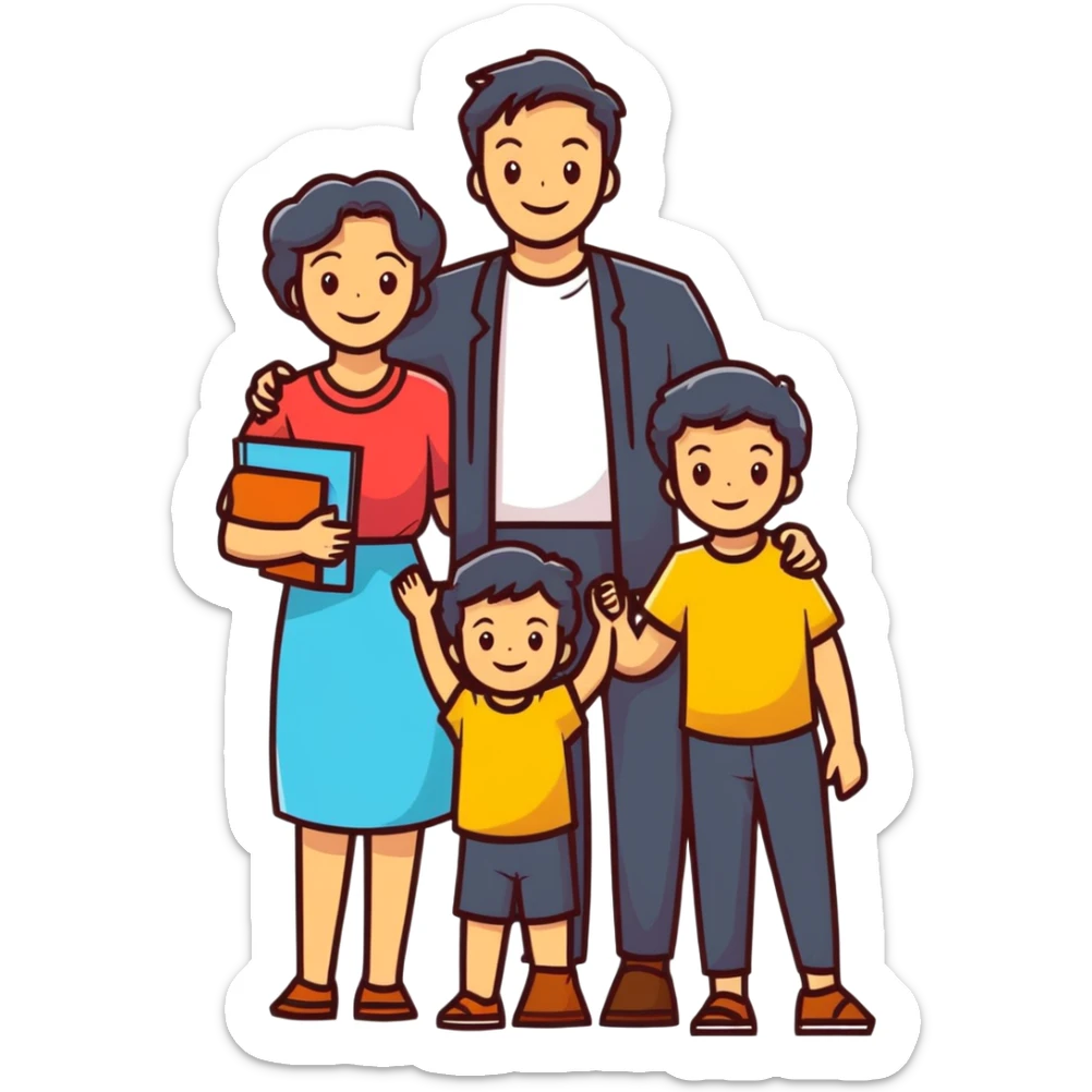 happy family: father, mother, two children, all smiling, bright colors sticker