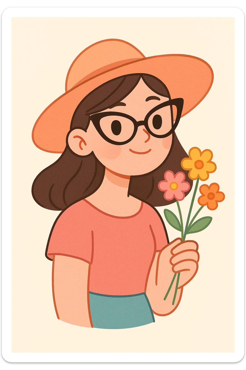 a girl with an oval face, cat eye specs, a wide-brimmed hat, and flowers in her hand, soft pastel illustration style sticker