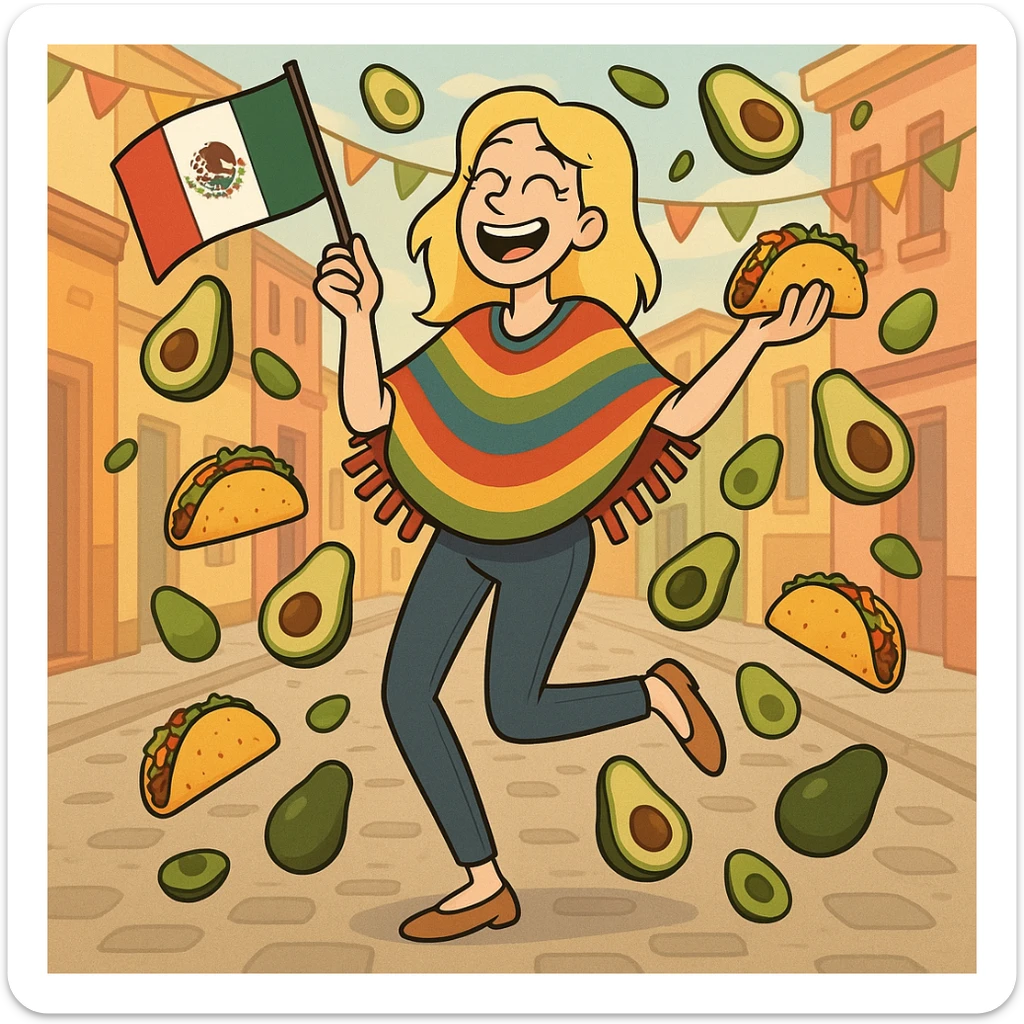 playful cartoon of a tall blonde woman, colorful poncho, smiling, holding taco and avocado, waving Mexico flag, dancing in the street, surrounded by tacos and avocados, street party scene sticker