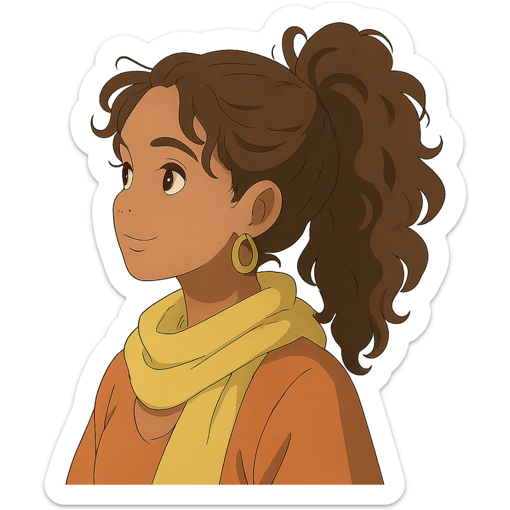 bohemian style girl with brown skin, long brown curly hair tied high, wearing a lemon yellow scarf and round earrings sticker