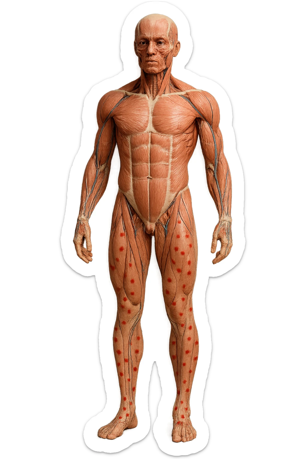 corpo umano anatomico a figura intera con red spot sparsi sulle gambe, iperrealistica in 3d sticker