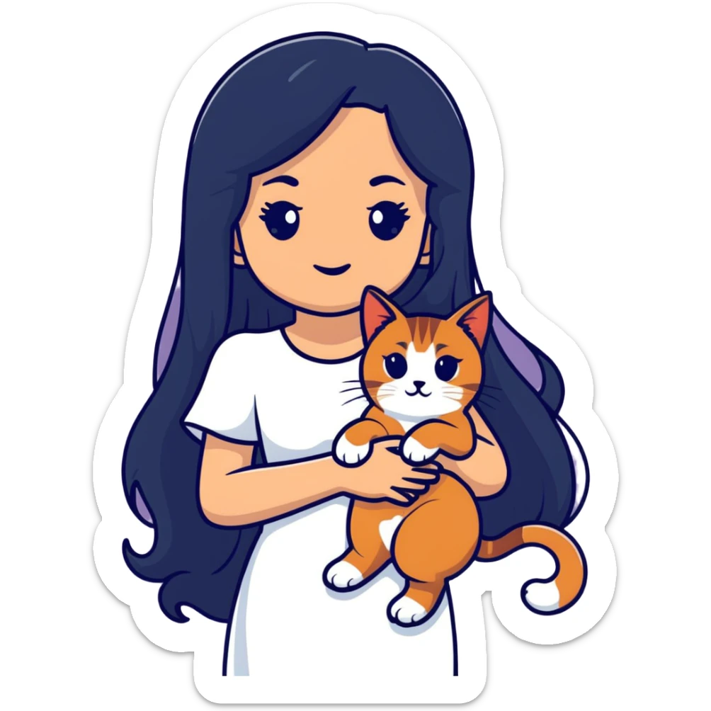 A beautiful girl with long black hair wearing a white dress holds an Abyssinian cat in her arms sticker