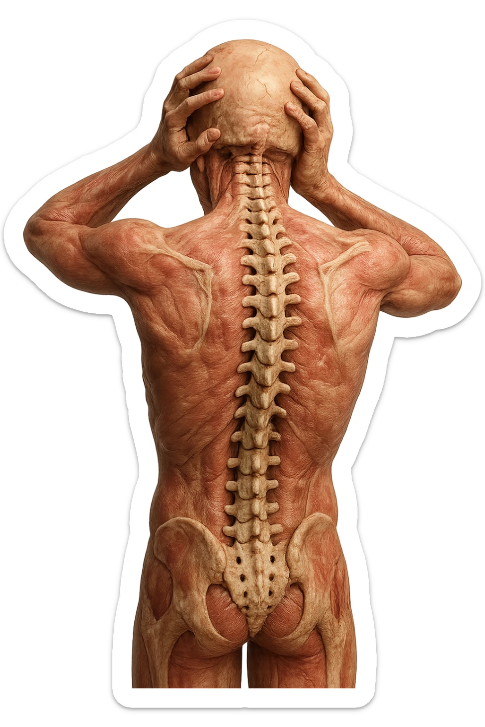 CORPO UMANO ANATOMICO con spina dorsale in evidenza, molto stanca e stressata mentre si tiene le mani sulla testa, IPERREALISTICO 4K sticker