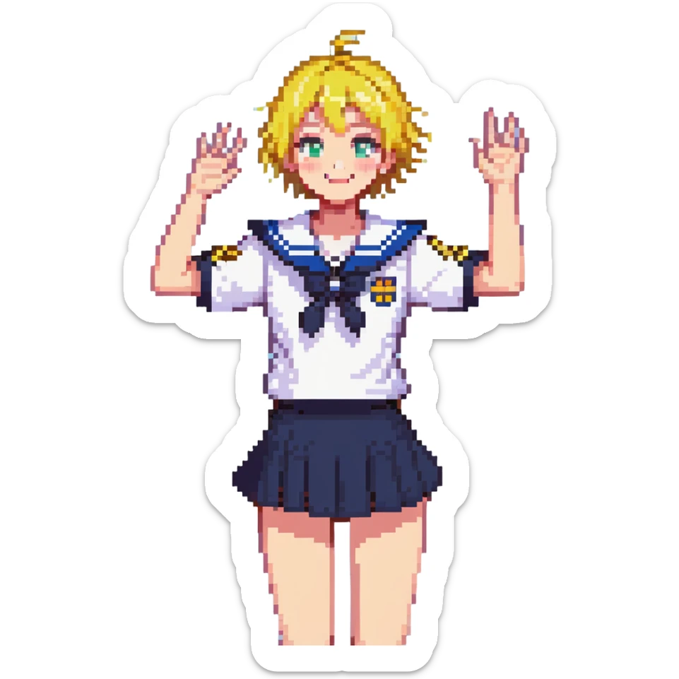 Pixel art anime girl with short bright yellow hair wearing Japanese sailor style school uniform, composed posture with hand on hip but energetically waving with other hand, excited smile and happy eyes sticker