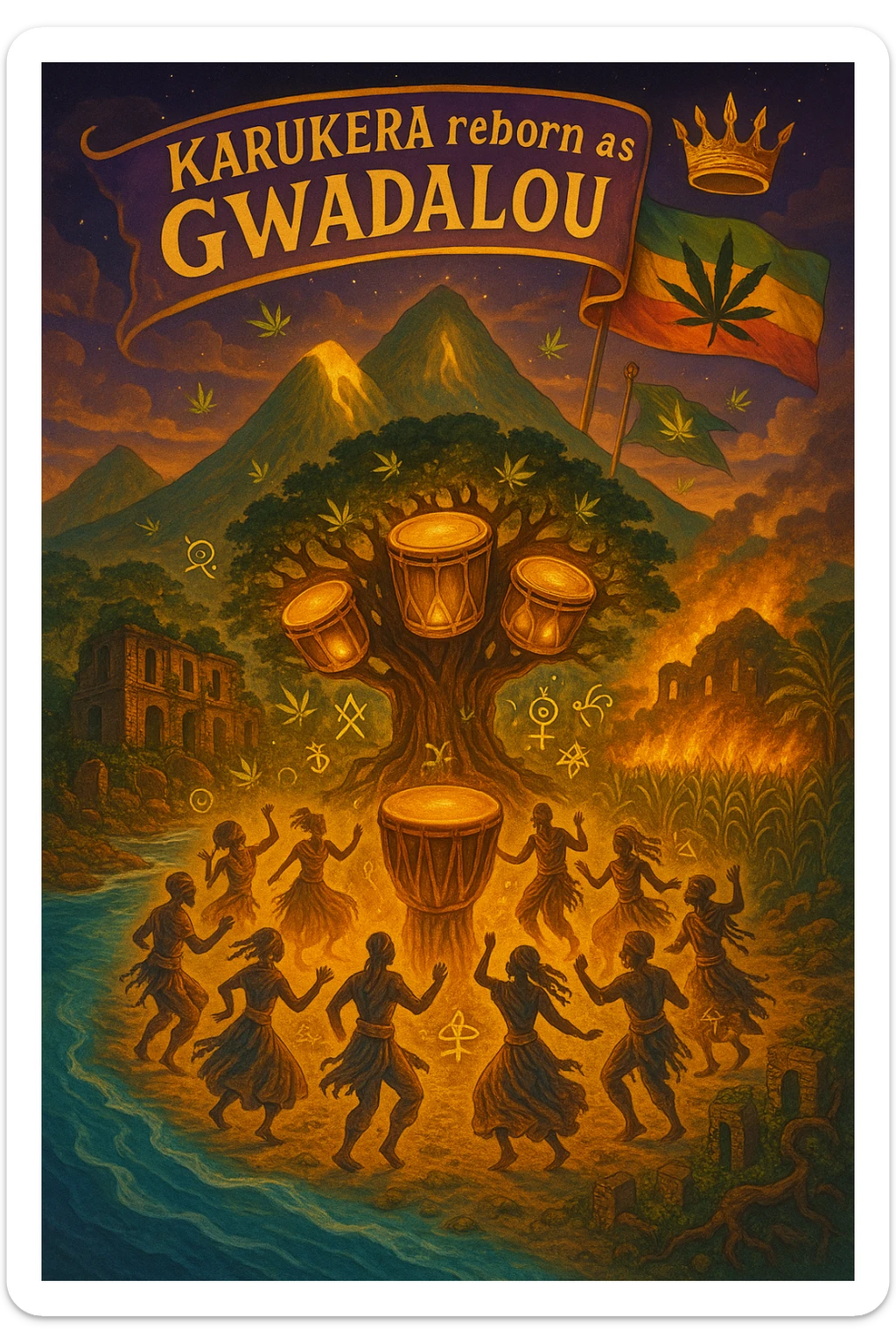 Create a powerful, surreal vision of the Caribbean island Guadeloupe, reimagined as ‘Guadeloupe' — its sacred, sovereign identity restored. The island is lush, tropical, and volcanic, with two green volcanoes glowing golden at the peaks. In the center stands a giant mystical Drum Tree, its branches bearing carved drums instead of fruit, glowing with rhythmic light. Ancestral spirits of African and indigenous lineage dance in a circle around the tree, surrounded by floating ganja leaves and sacred symbols. Sugarcane fields burn gently in the background, symbolizing the end of colonial suffering. Ruins of colonial buildings crumble into the earth, reclaimed by vines and jungle. Above the island, a glowing banner in the sky reads: ‘Karukera reborn as Gwadaloo.’ A ganja-leaf flag waves high in red, green, and gold, and a golden Creole crown floats in the sky above the island — not worn by any man, but held in rhythm. The ocean is turquoise, the light is divine, and the entire scene radiates spiritual victory, cultural remembrance, and cosmic rhythm. Use a warm, cinematic palette of golds, greens, blues, and purples. Style should feel epic, sacred, and symbolic — a rebirth of Caribbean power. sticker