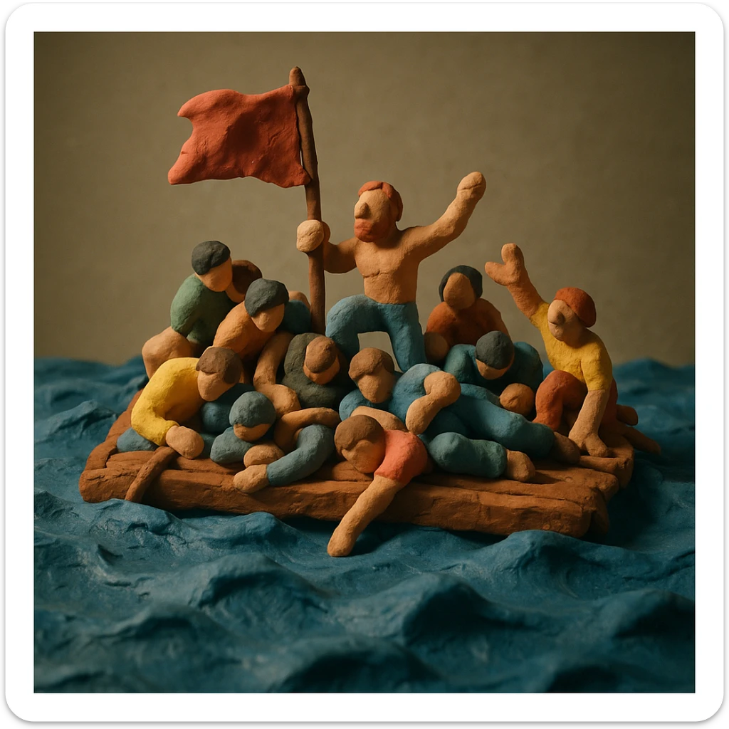 claymation style Le radeau de la Méduse, raft and people made of clay, textured sea sticker