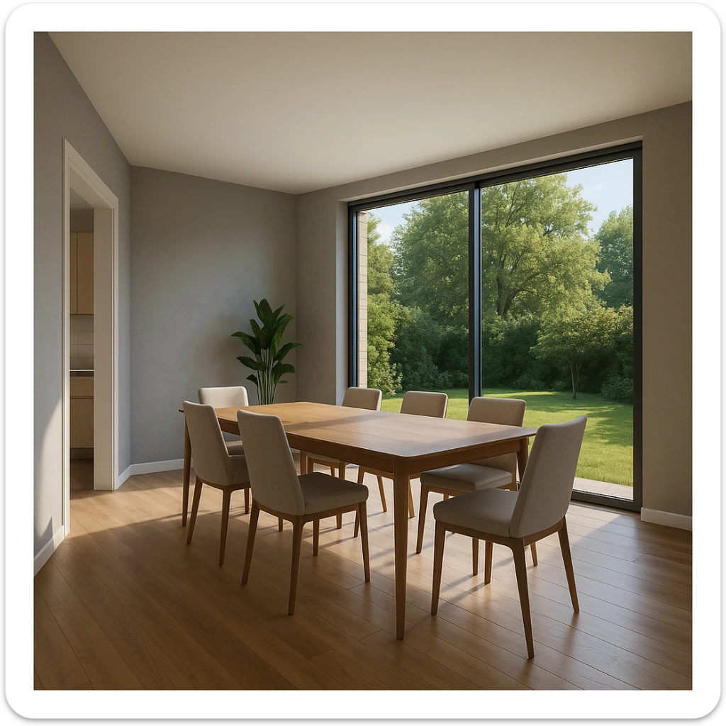 Add a modern full-height glass door leading to the garden in the dining room exactly where the steps are, with a width of 2.55 meters, integrated into the hyperrealistic 3D floor plan. Show the glass door in 10 different perspective views as architectural renders. sticker