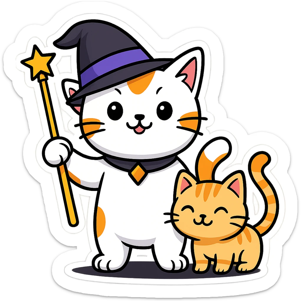 A cat wizard with a pointy hat and a magic wand with a cat companion, sticker style. sticker