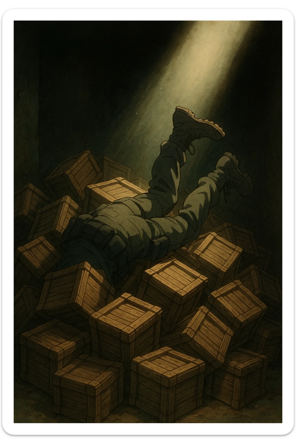 A pile of small oblong crates hidden in a dark area with a beam of light shining from above, with someone’s boots sticking out like they dove in, tactical gear clothing  sticker