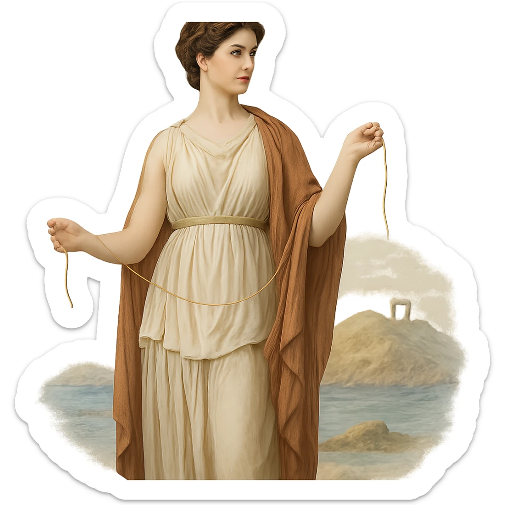 Ariadne, in classical Greek dress, holding a golden thread, with a hint of the sea and Naxos island in the background sticker
