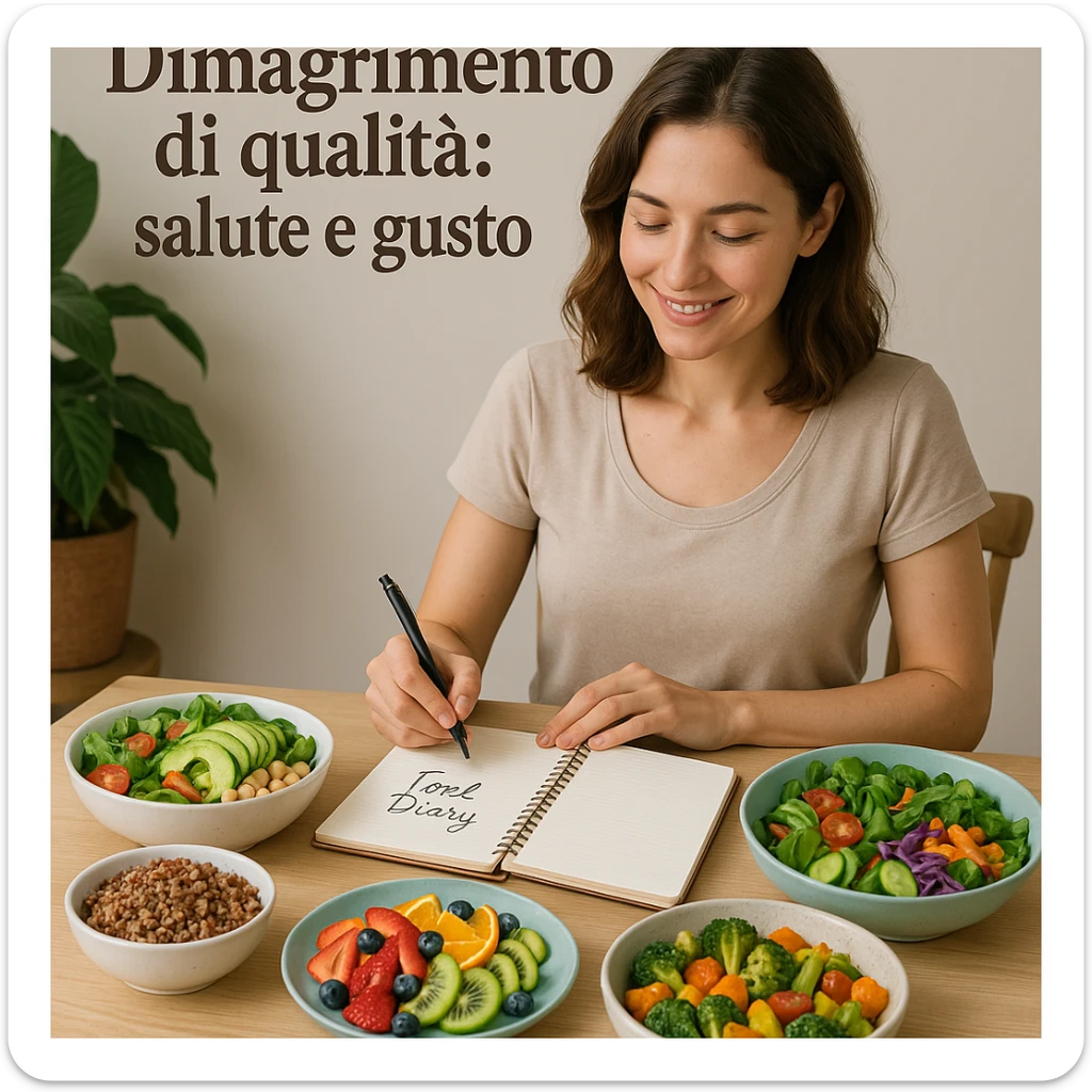 woman sitting at table with healthy and colorful dishes, smiling while consulting a food diary, atmosphere of balance and serenity, Italian text: 'Dimagrimento di qualità: salute e gusto', 4K quality sticker