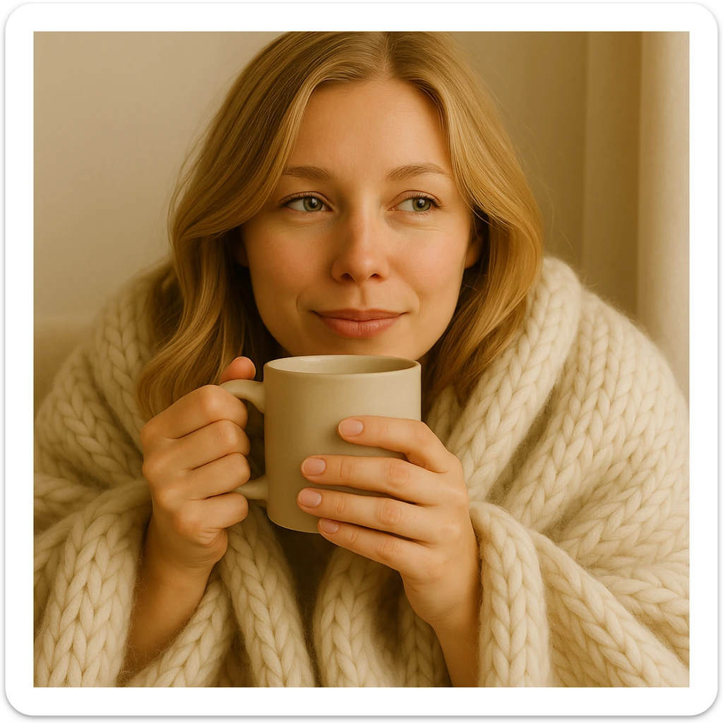 Show the blonde woman snuggled in a blanket, sipping coffee, with her eyes open, relaxed and content. Keep the cozy and serene vibe. sticker