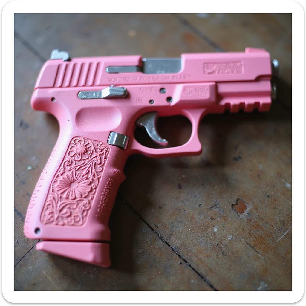 photorealistic pink pistol with custom floral engravings, no heart shapes or motifs, on a white background sticker