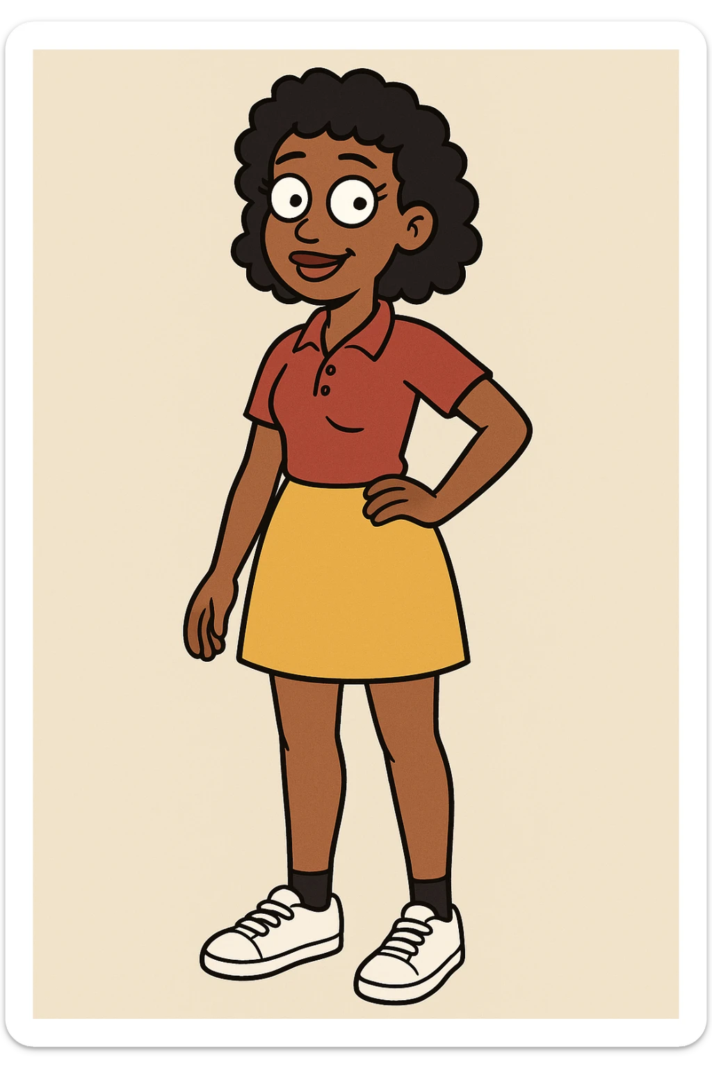 A Girl black Slightly Coiled hair brown Red Women's classic polycotton polo yellow skirt black ankle sock trainer white women's shoe sticker