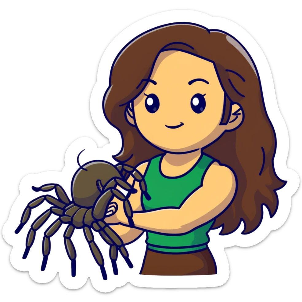 Attractive and muscular Mexican woman in her 20s with long dark brown hair with blonde highlights, with a tarantula sticker