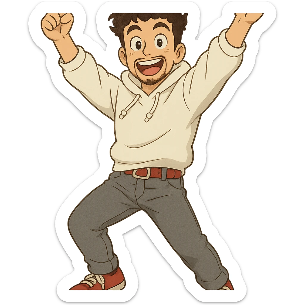 1 male, mid fade haircut dark chestnut brown curly hair, toasted lightskin, white hoodie sleeves up, gray fashion jeans, red fashion-sneakers shoes, red belt, short trimmed beard and goatee,  style of deku from "my hero academia",  doing a pose for a "happy" emote for twitch sticker