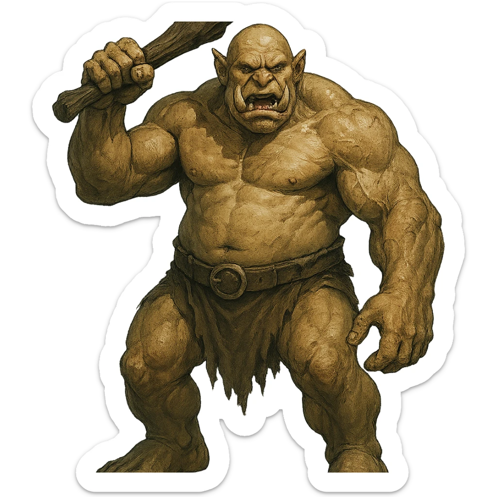 large and muscular ogre with tusks and a club, menacing, fully depicted sticker
