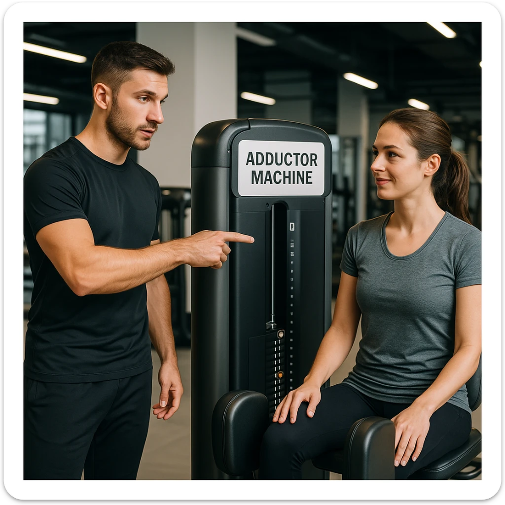 realistic side view of a personal trainer in sportswear pointing to the adductor machine to a client, Italian sign 'Adductor machine' clearly visible, explanatory atmosphere, detailed, modern gym background, 4K quality sticker