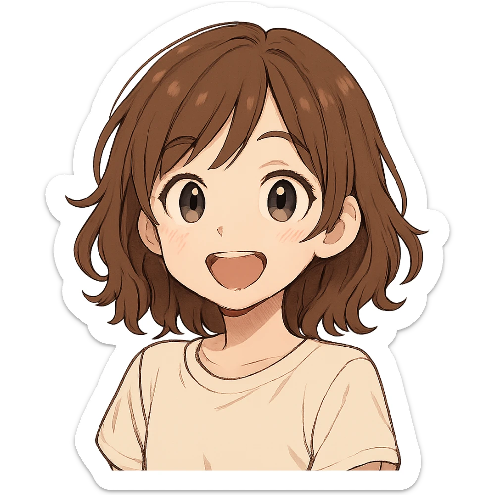 a girl with brown, slightly wavy hair, cute and expressive sticker