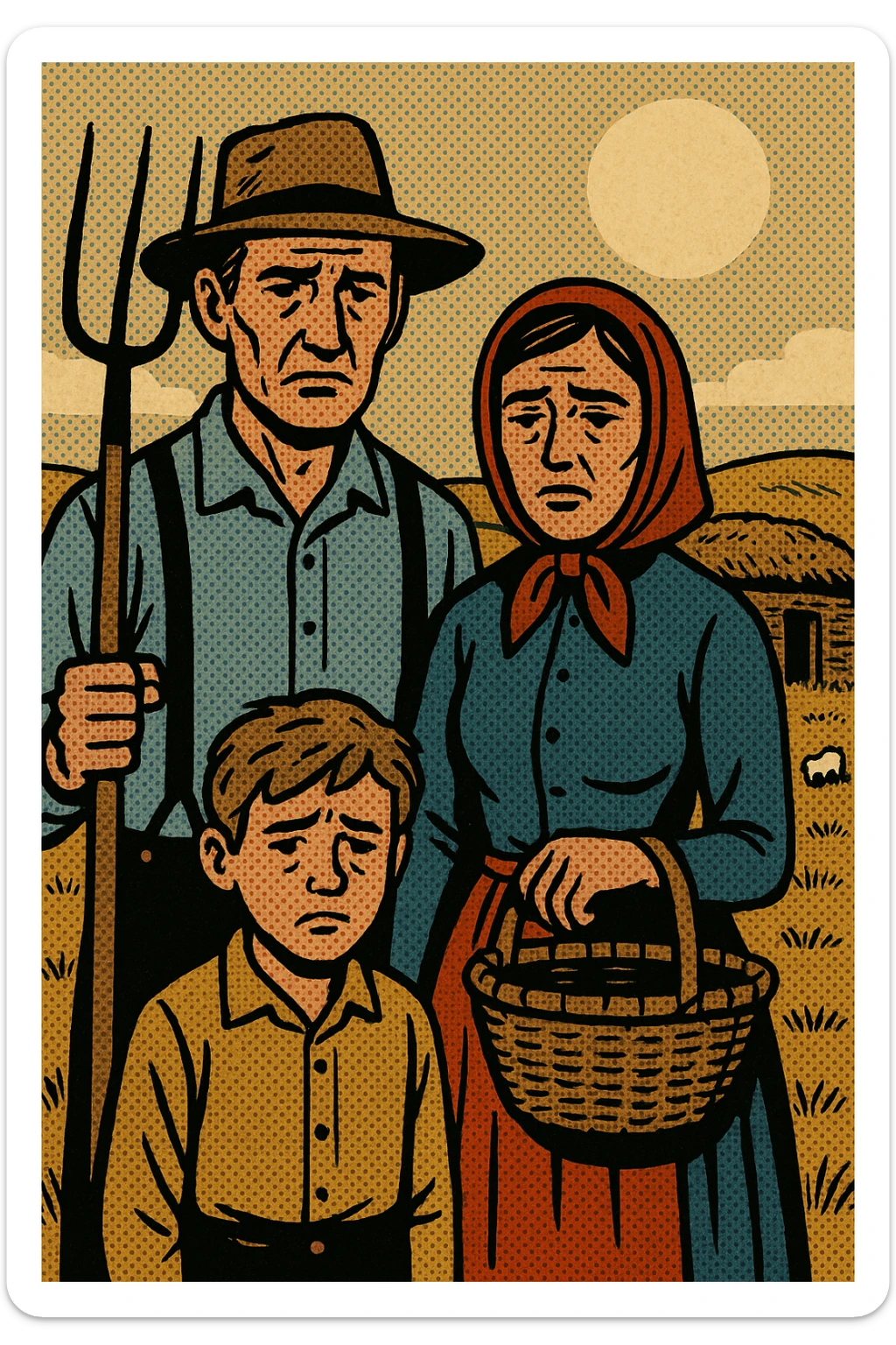 A sad homestead farming family from the 1860s standing in front of their sod house on the Great Plains. The father is holding a pitch fork and the mother is carrying an empty basket. The land in the background is grassland with a few grazing sheep sticker