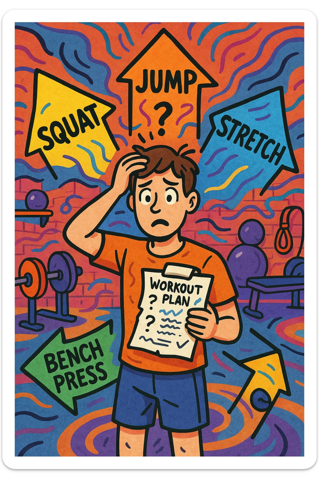 a person stands in the center of a gym, surrounded by arrows pointing in all directions, each labeled with a different exercise (e.g., “squat,” “jump,” “stretch,” “bench press”). The person looks bewildered, holding a workout plan with scribbles and question marks. The scene is colorful but visually messy, symbolizing confusion. in italiano sticker
