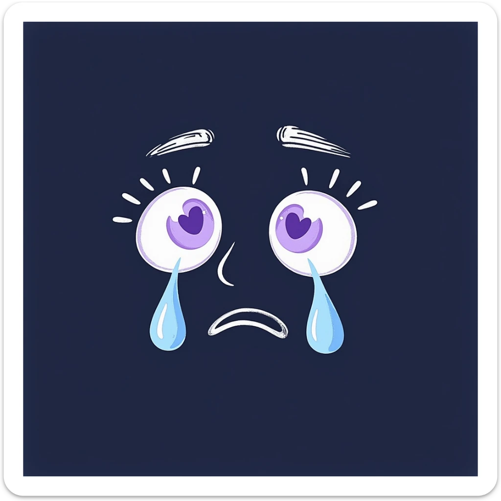aesthetic chalk-style emoji, large purple eyes with white heart pupils, blue tears, trembling lines, soft frown, upward eyebrows, rough pastel doodle look, drawn on dark background, soft lilac and purple hues, emotional and longing, for Telegram channel sticker