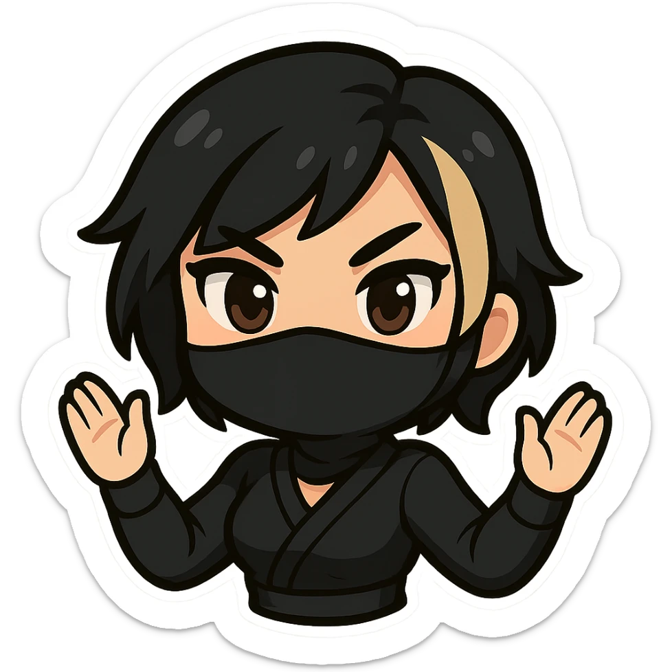 Change the character's hair to black short hair with a blonde streak. Keep only the head and arms visible. Depict a sexy chibi ninja girl with bold outlines. The image should have a transparent background and be sized for Twitch emoji use. sticker