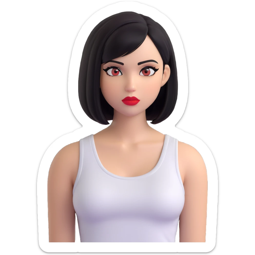 A pretty girl with black straight bob hair. She has hazel eyes with black eyeliner. She has plump red lips. She is wearing a white tank top sticker