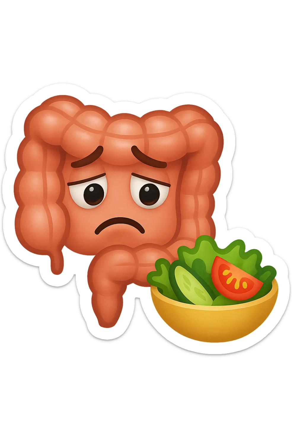 EMOJI STILE IPHONE DI UN INTESTINO UMANO ANATOMICO CHE GUARDA UN INSALATA CON ESPRESSIONE TRISTE E RASSEGNATA IN VOLTO: SOFFRE LA FAME PERCHé è A DIETA, FAGLI ANCHE LA PARTE BIANCA DEGLI OCCHI, NON SOLO LE PUPILLE sticker