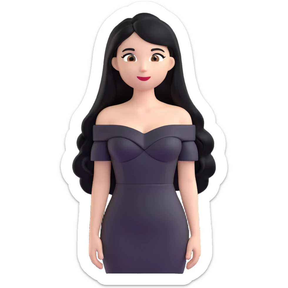 woman with long black hair, black off-shoulder dress, white skin, 3d emoji style sticker