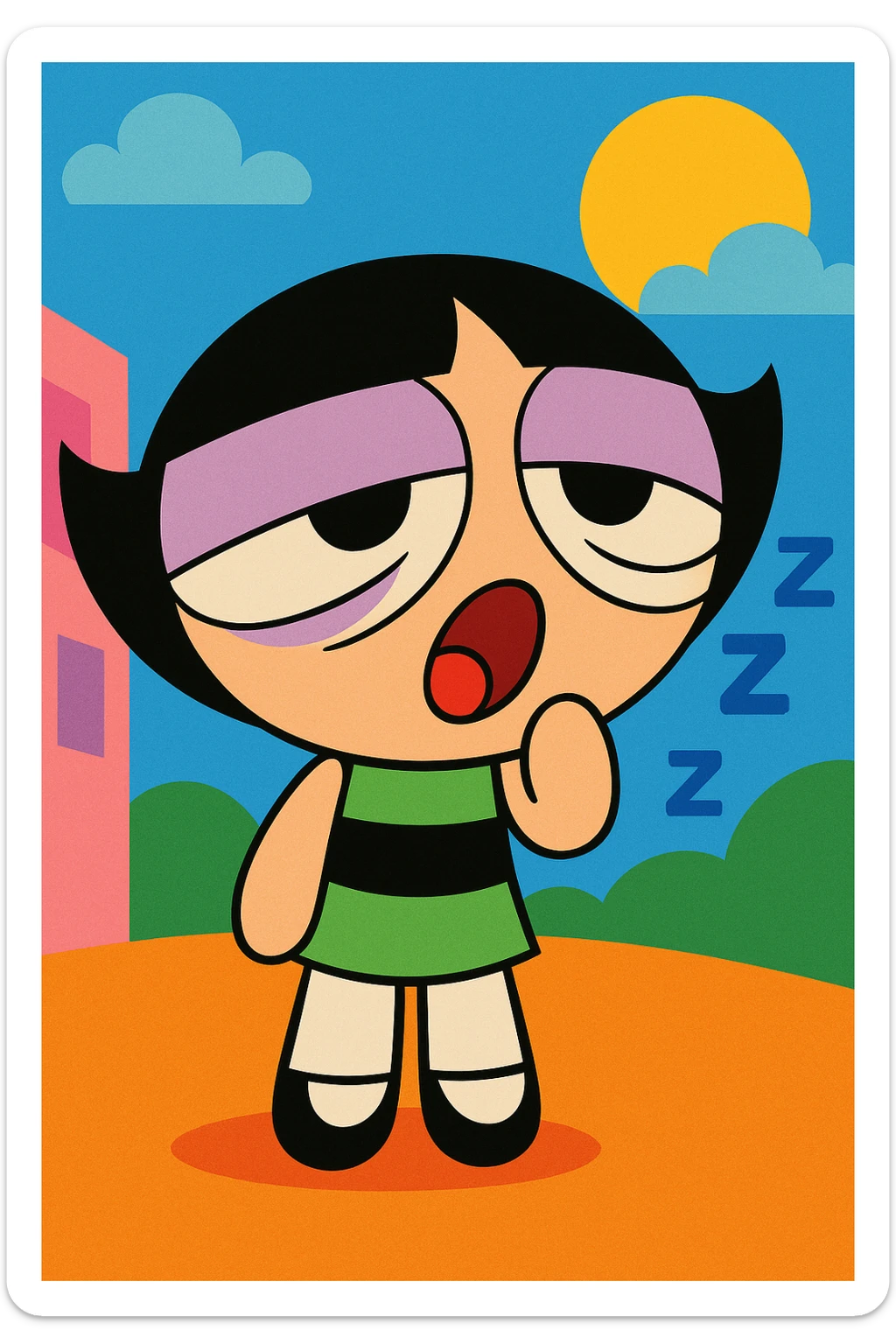 Powerpuff Girls character with a sleepy emotion, cartoon style, vibrant colors sticker