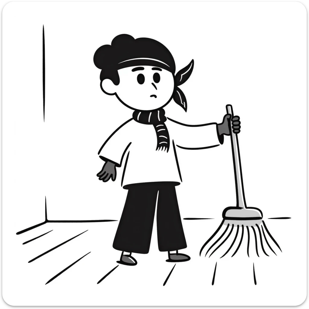 Levi Ackerman cleaning with bandana over hair, gloves, holding broom, annoyed expression sticker