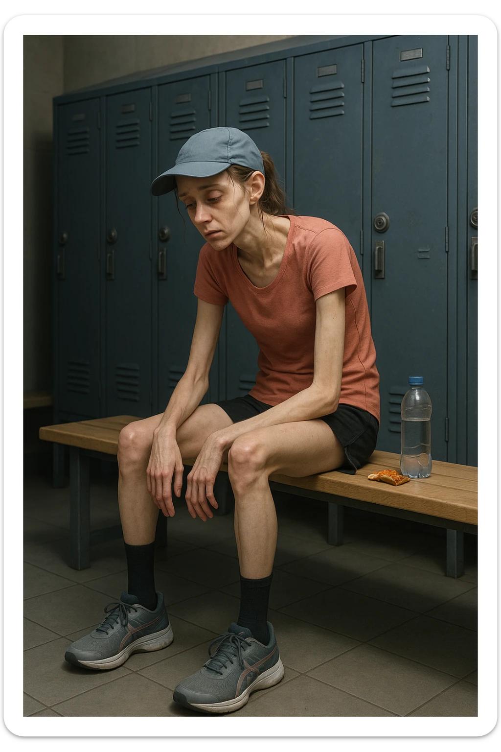 3D rendered scene: a woman in her 20s wearing running clothes sits on a bench in a locker room, looking exhausted and weak. Her face shows signs of fatigue, and her limbs appear thin and lacking muscle tone. A water bottle and a small, half-eaten snack are beside her, hinting at insufficient nutrition. The environment is realistic, with a focus on her physical and emotional state. sticker