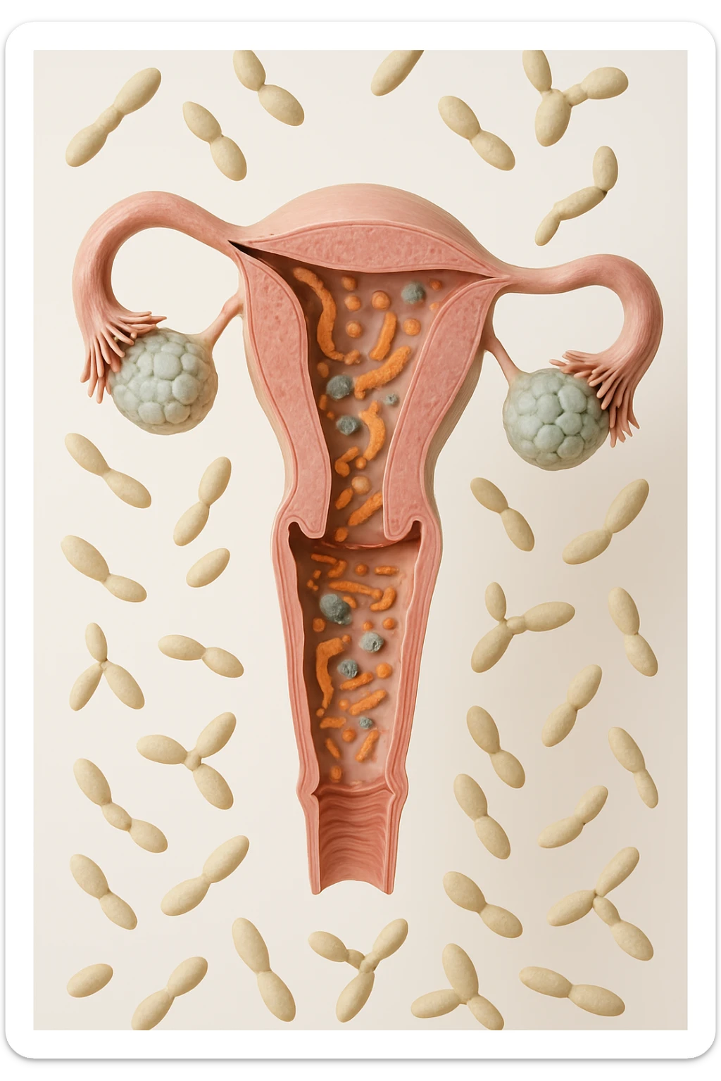 utero umano realistico con batteri della candida intorno, la foto si deve vedere per intero in formato verticale, sullo sfondo neutro chiaro ci sono batteri della candida, iperrealistico 4k sticker