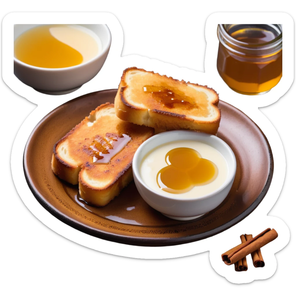 torrijas, Spanish sweet dish, fried bread slices soaked in milk and honey with cinnamon sticker