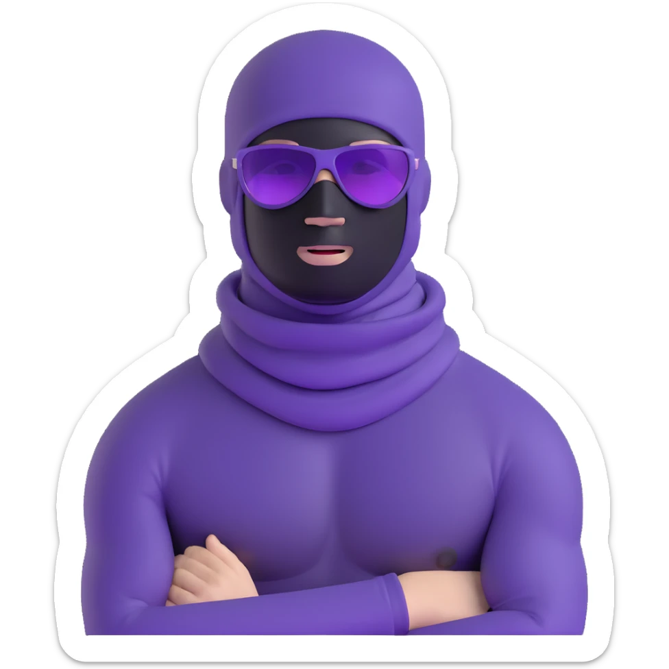 shirtless athletic man with white skin, wearing a purple balaclava face mask and purple sunglasses with black tinted lenses sticker