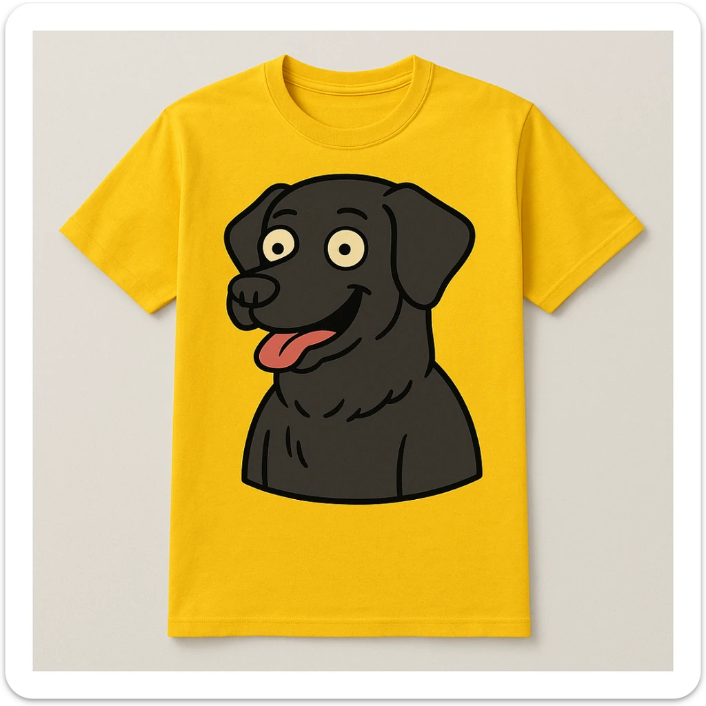 Place the black labrador retriever graphic on a yellow t-shirt, keeping a cartoon style with bold lines, bright colors, and playful expression. sticker