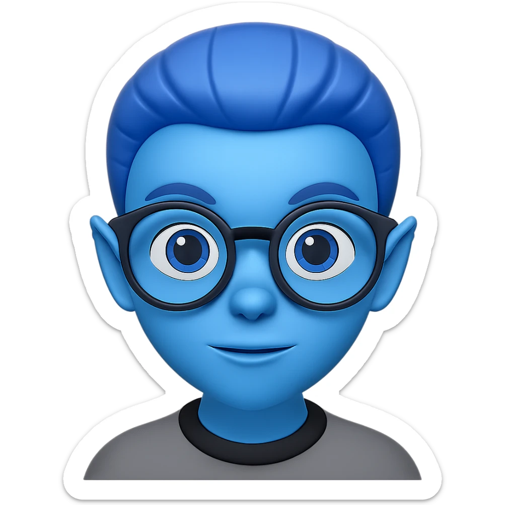 Create an alien with glasses in Apple emoji style with blue skin and no background. The style should mimic Apple emojis. sticker