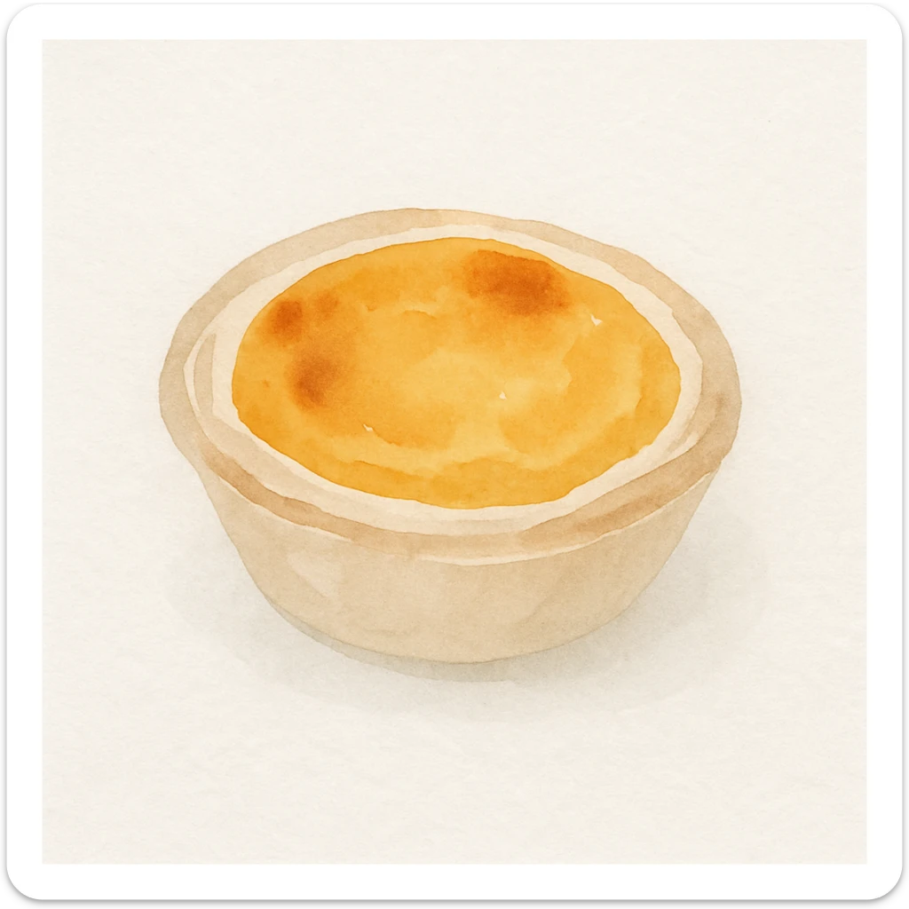realistic illustration of a typical Portuguese pastry, pastel de nata, golden custard tart in a flaky crust, watercolor art style sticker