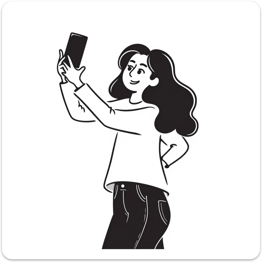 Young woman with long brown hair, casual style, taking a selfie, social media influencer sticker