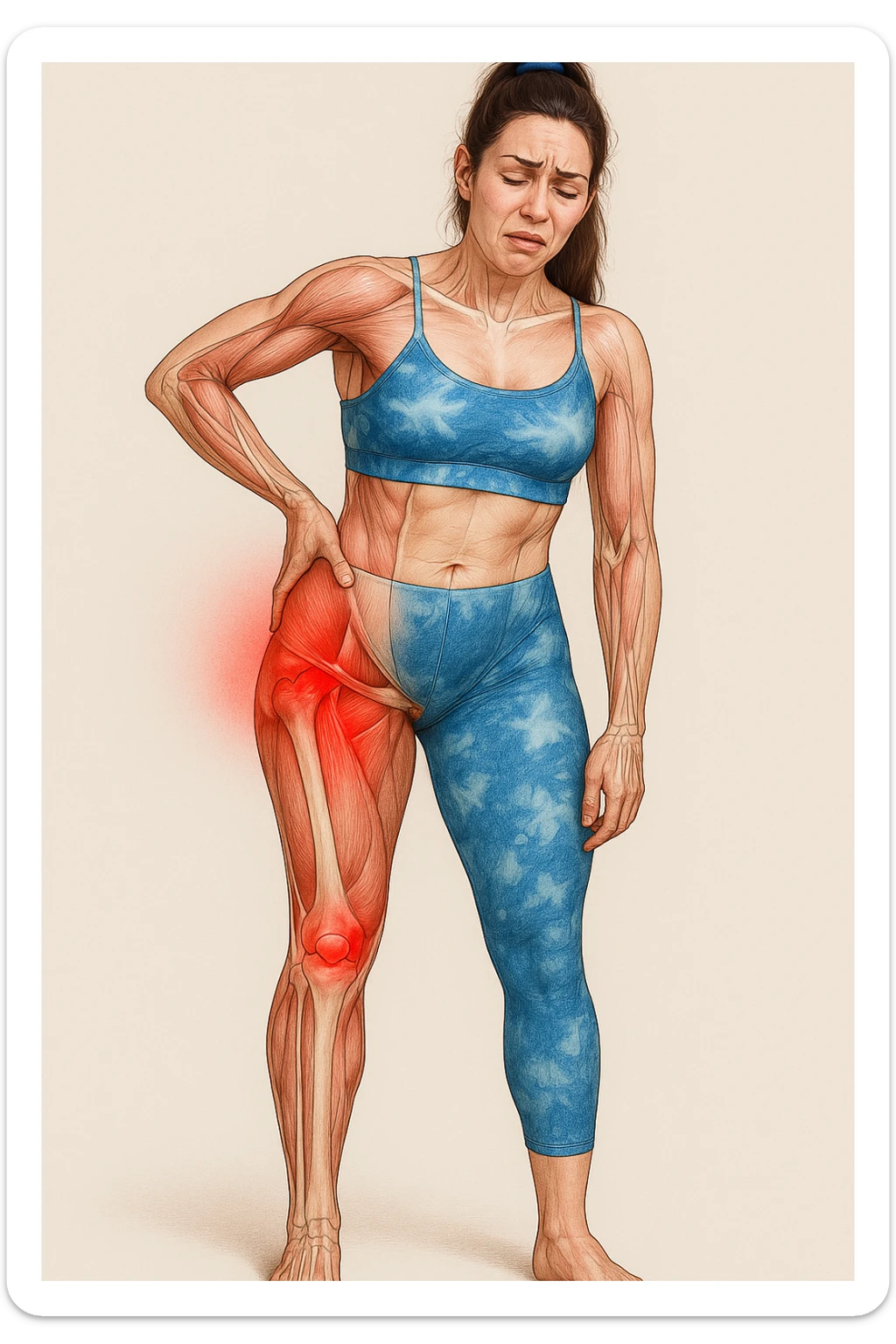 Realistic anatomical illustration of a woman in sportswear inspired by the reference photo, showing pain in the left hip with highlighted muscles and joints involved, hand on the painful area, pained expression, neutral background. sticker