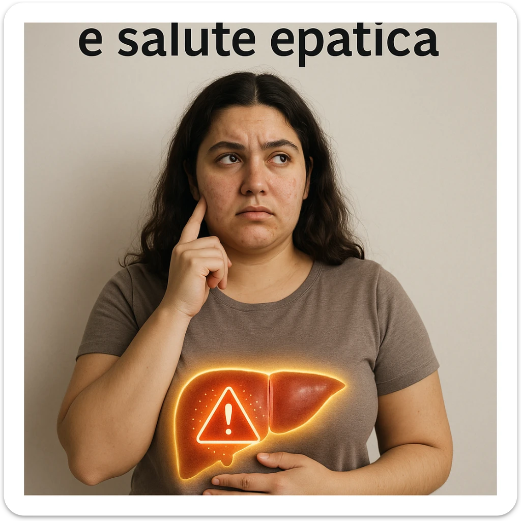 realistic illustration of a woman with PCOS, liver area highlighted with glowing halo and alarm symbol, thoughtful expression, neutral background, Italian text: 'PCOS e salute epatica', 4K quality sticker