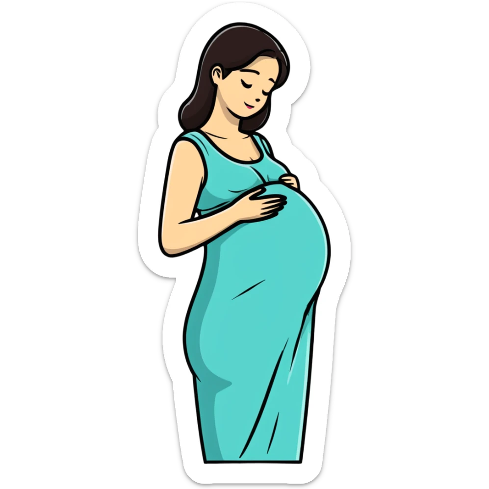 happy pregnant woman in second trimester, showing baby bump sticker