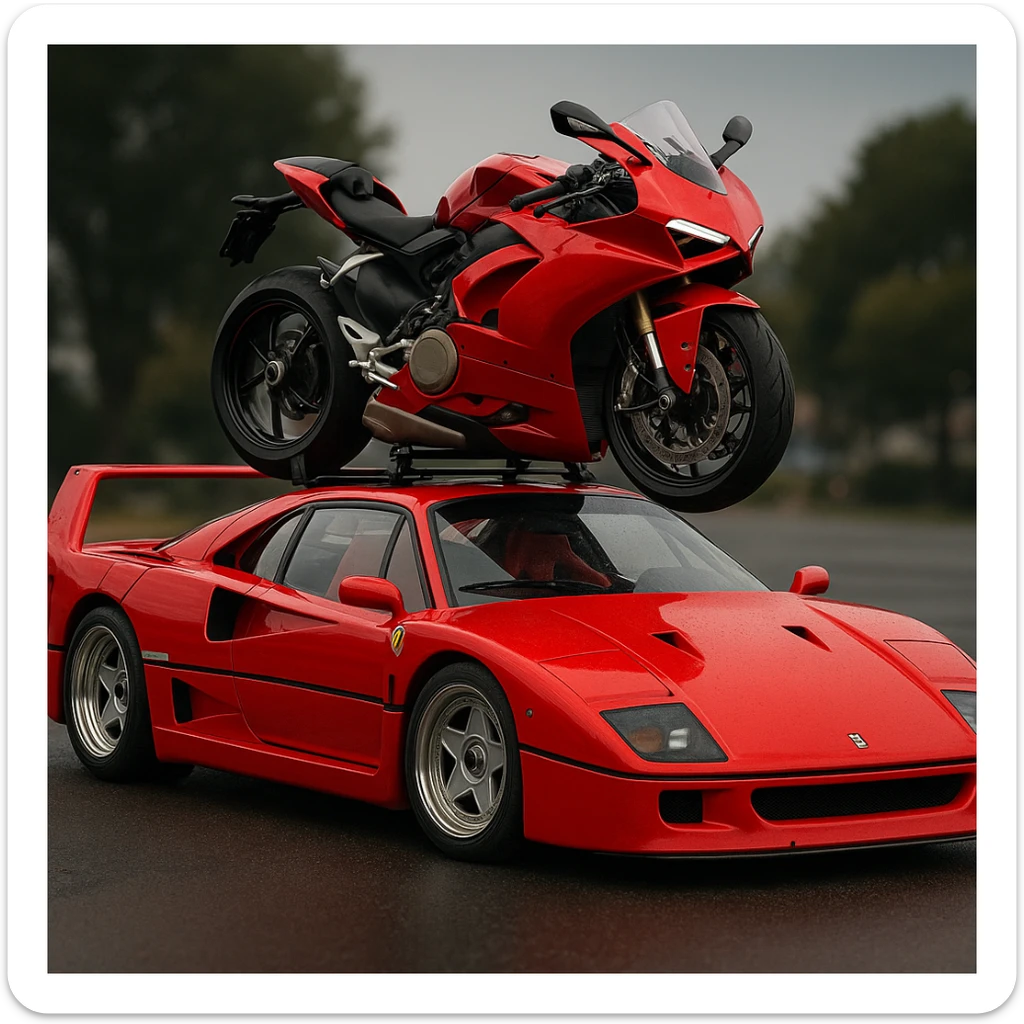 A Ferrari F40 sports car with a red motorcycle on its roof, detailed and dynamic. sticker