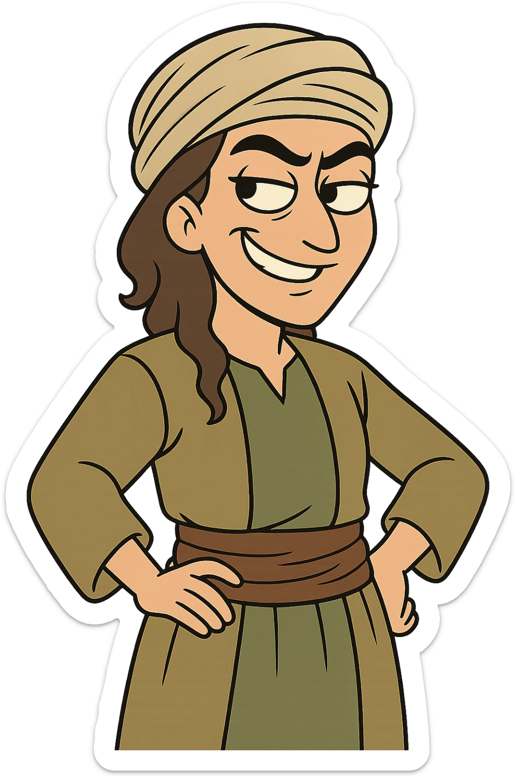 Kurdish man or woman in jamadani, cartoon style, feeling mischievous, sly smile, one eyebrow raised, no text sticker